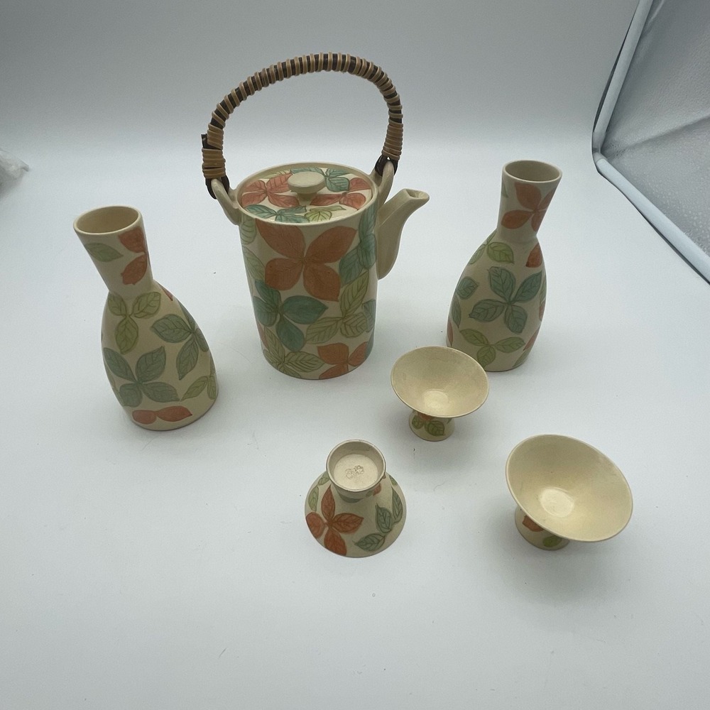 Vintage Otagiri Japanese Sake Tea Set Hand Painted Floral Leaf 6-Piece Ceramic